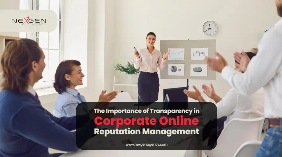 Corporate team managing online reputation with transparency and trust