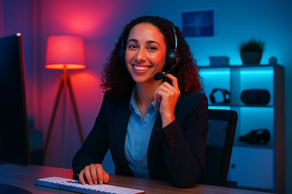 Talk to a CX Partner Who Understands the Consumer Electronics Industry" Business professional discussing customer experience strategy with a consumer electronics brand